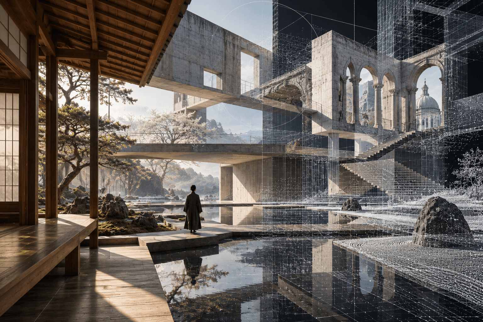 Classical arches and imagined architectural structures intersect with digital wireframes in the Space and Technē artwork.