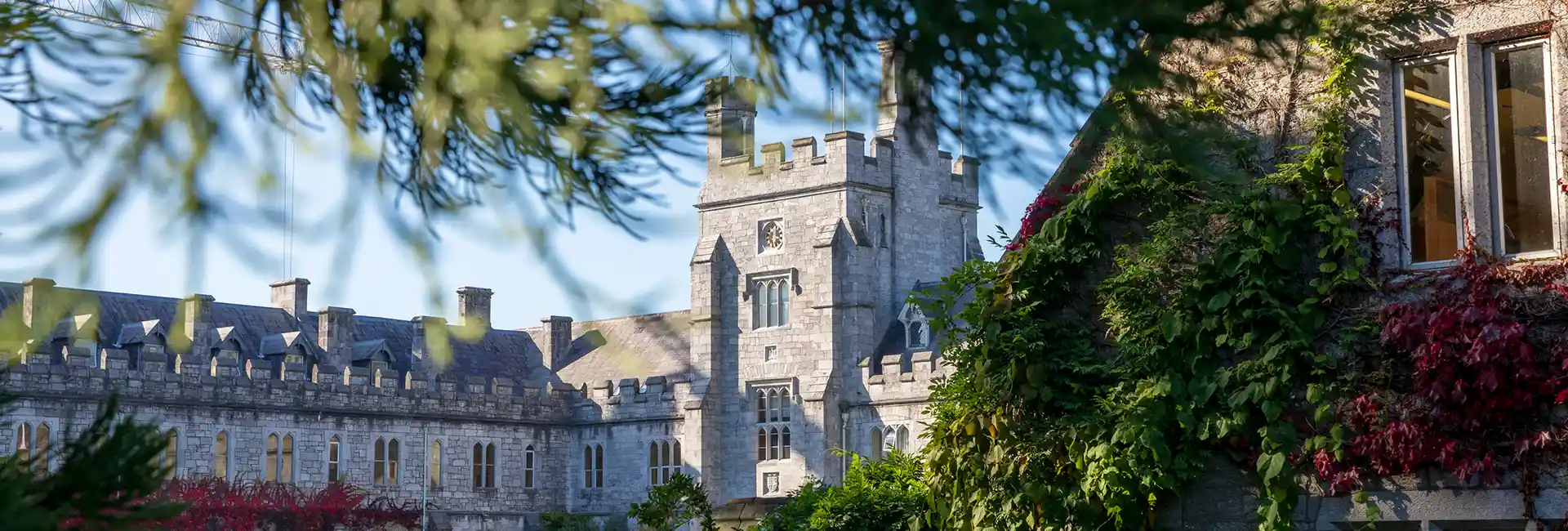 The stone clock tower and leafy quadrangle of University College Cork.